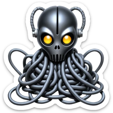 tangled black cables creating a creature covered in black rags and bondage, Giger style sticker