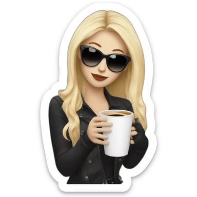 blonde woman with black and white cat drinking coffe with sunglasses sticker