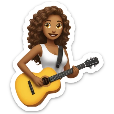 Chica de pelo café y ondulado y un vestido blanco sosteniendo una guitarra sticker