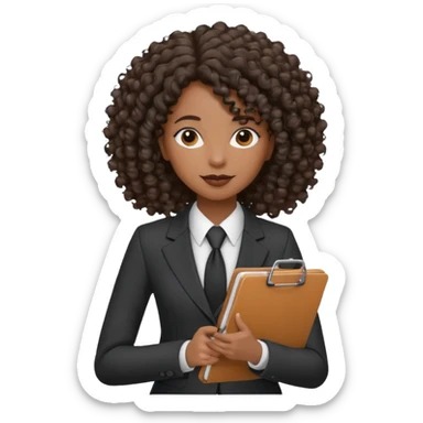 black woman in a suit holding a clipboard with curly hair sticker
