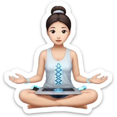 emoji of an asian woman with a single bun sitting cross legged with dna levitating above one hand and a laptop above the other hand sticker