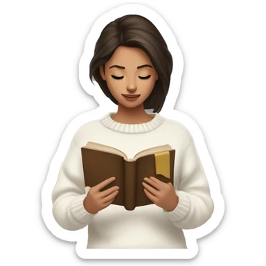 brunette girl in a white sweater is reading a book in her hands sticker