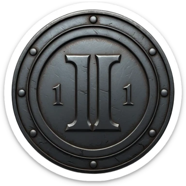 Minimal emoji, gothic metal coin made of black steel, engraved number 1 at the center, ancient industrial aesthetic, worn metal texture, no glow, no neon, flat emoji design, centered, transparent background sticker