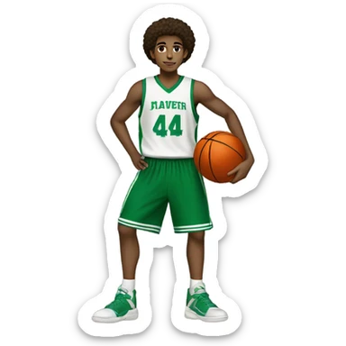 Afro light-skinned skinned male teenager in a green basketball uniform holding a basketball.  sticker