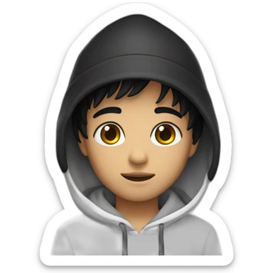 A boy with black eyes and black hair, wearing a black bucket hat and a white hoodie  sticker