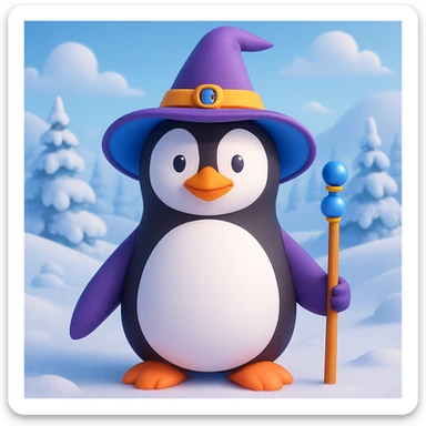 Make a snowy landscape background behind the penguin wizard, keep all original colours and lighting in 3d emoji style sticker