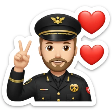 "Generate an emoji of a soldier in a black uniform with a 3-day stubble beard, giving a peace sign with one hand and a thumbs up with the other, surrounded by heart eyes and love symbols" sticker