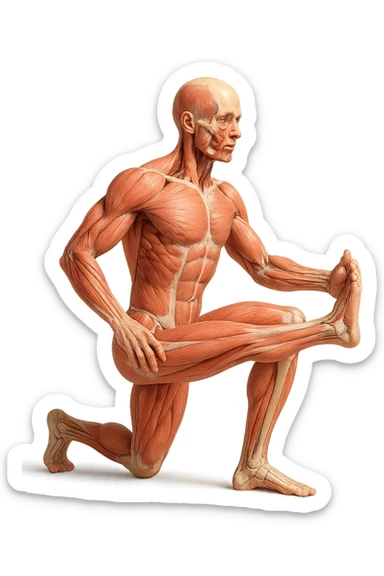 CORPO UMANO ANATOMICO REALISTICO CHE FA UN ESERCIZIO DI MOBILITà ARTICOLARE ALLE GAMBE, IPERREALISTICO 4K sticker