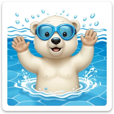 friendly anthropomorphised polar bear swimming freestyle with excited expression, wearing blue swimming goggles, pool tiles and water visible sticker