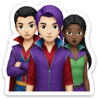 Solo poly platonic relationship, one African girl, one Asian boy, one biracial features Asian tomboy girl rat-tail hair long and upper masculine hair 90s, vampire and marvel cosplay elements inspired  use marvel race, like instead of obvious human, green purple blue etc,  sticker