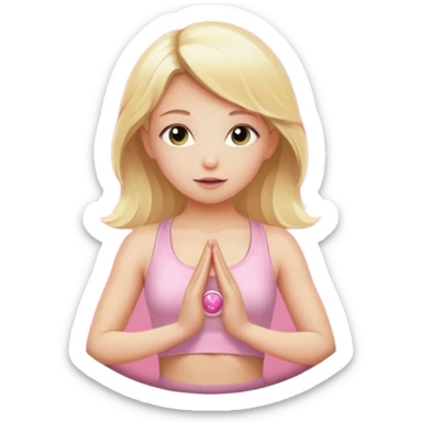 angelic blonde girl in light pink yoga outfit pushing "FUCK" pink button sticker