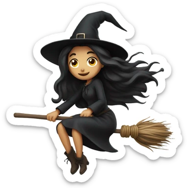 dark long hair witch flying on a broom white skin sticker