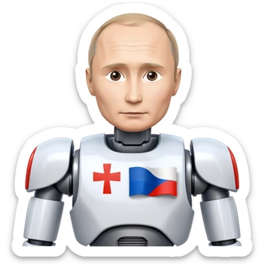Futuristic robot with Vladimir Putin features and Russian flag colors sticker