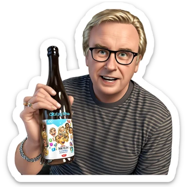 boy holding jewelry and bottle sticker