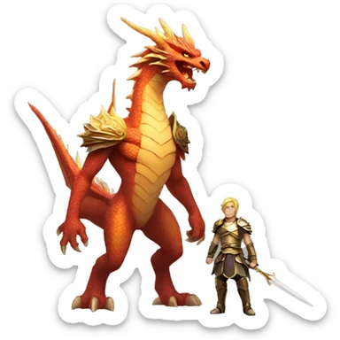 A powerful warrior standing in front of a dragon The dragon looks angrily at the warrior with its golden points sticker