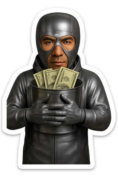 Remove the background and make it fully transparent, keeping the character, bucket, and realistic dollar bills unchanged. Preserve all details and colors of the character, bucket, and dollar bills exactly as they are, only removing the background to transparent. sticker
