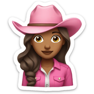 Light Brown girl with very long dark brown hair wearing a pink cowgirl hat sticker