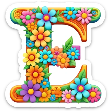 3D style, psychedelic colored Letter F with hippie style flower border sticker