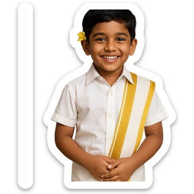 A Tamil boy dressed for a festival, wearing a crisp white veshti, shirt, and a gold-bordered angavastram, with a flower tucked behind his ear, smiling. sticker