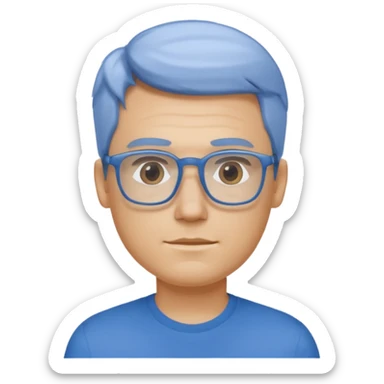 portrait of US man, wearing a blue shirt, square glasses, blonde hair sticker