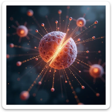 photorealistic image of atoms splitting, showing the nucleus dividing, energetic release, glowing particles, dynamic scientific scene sticker