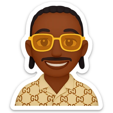 Edit the emoji style smiley with a thinner head shape, beard only on the chin and a small mustache under the nose (no beard on the cheeks), dark skin tone, small black braids, rectangular golden sunglasses, beige top with GG pattern and visible collar, transparent background. sticker