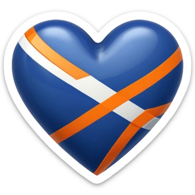 Glossy, sporty dark blue heart with diagonal white and orange athletic stripes going down one side sticker