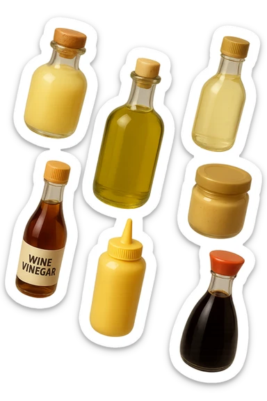 emoji stile iphone 3d di questi elementi che fluttuano in aria sparsi casualmente:

Olio extravergine d’oliva, burro chiarificato
Olio all’aglio (senza pezzetti)
Aceto di vino, aceto di riso, senape, tahin
Salsa di soia fermentata (senza aglio/cipolla)


 che fluttuano sparse casualmente in aria, iperealistico 4k sticker