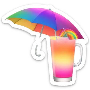 In ombre pink lemonade glass with a rainbow umbrella in it and sitting on the sun with a sunset in the background sticker