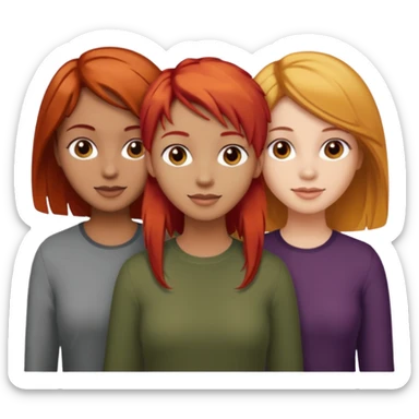 Can you create an image of 3 friends together one with red bright hair light skin one the other with brown hair with some blonde highlights in the hair fair skin the last one with light brown a tint of orange hair and dark brown hair sticker