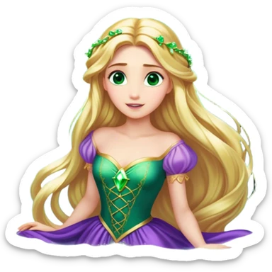 Cinematic Stunning Rapunzel Portrait Emoji, Golden hair cascading in a luminous waterfall, big emerald-green eyes full of wonder, wearing her iconic purple gown, radiating beauty and magic, glowing with fairy-tale charm! sticker