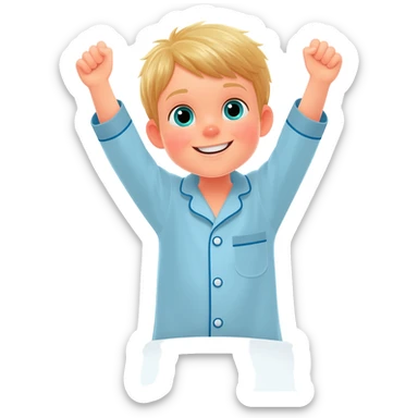 3 year old blonde boy with green-blueish eyes waking up from bed, raising both arms up. No tears. No scared face, he looks sad! Make the boy smile. DO NOT ADD TEARS. No tears on his face please sticker