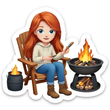 Happy redhead with long hair and blue eyes in chair beside fire pit in backyard sticker
