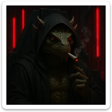 a sith lord with a reptilian face, smoking a joint, scales and horns, dark throne room, glowing red lights sticker
