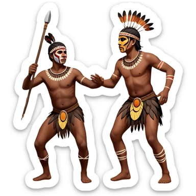 Cinematic Realistic scene of two indigenous male aboriginals performing an Aboriginal Corroboree, adorned in traditional body paint, A corroboree is an Australian Aboriginal ceremonial meeting. It usually includes celebration of Aboriginal mythology and spirituality, which is based in the Dreaming sticker