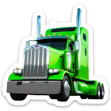 neon green peterbilt semi truck lowered on the ground with large chrome wheels and chrome smoke stacks profile view sticker