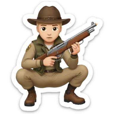 male hunter crouching with gun, alert expression sticker