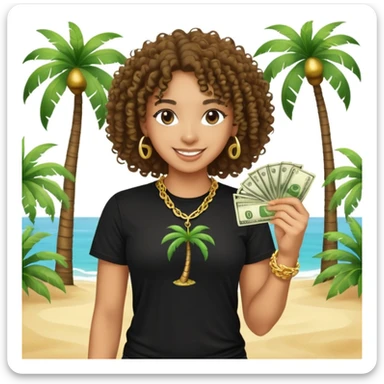 Happy mixed-race person with curly hair in black t-shirt and gold chain, holding money, palm tree beach background sticker