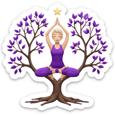 A serene woman wearing purple yoga clothes balancing in tree pose, stars around her, meditative aura. sticker