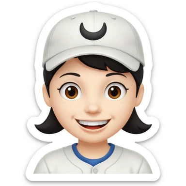 Digital illustration of a cartoon character with a big smile on its face. The character has dark hair and is wearing a white baseball cap. The overall style of the illustration is cute and playful. sticker