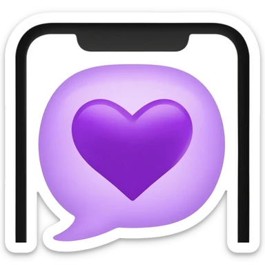 close-up of an iPhone screen with a purple speech bubble emoji containing a purple heart, Apple style, minimal sticker