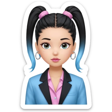 generate a pretty bratz girl wearing a light blue full sleeve shirt, silver small hoops, pink lipgloss, black blazer, hair tied up in a ponytail (black hair) sticker