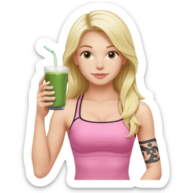 long haired blonde pilates instructor in pink drinking matcha in cute set with no straps and tattooed sticker