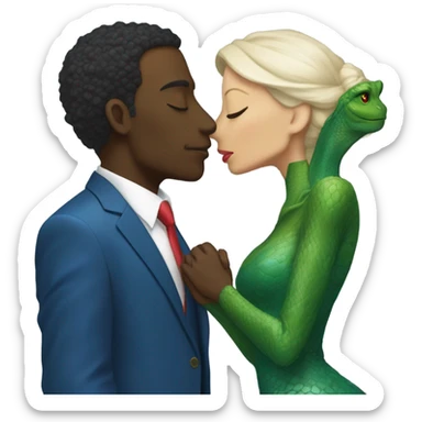 Beatiful tall green skin female reptilian in red dress, kissing white man in blue dress, full figure, full body sticker