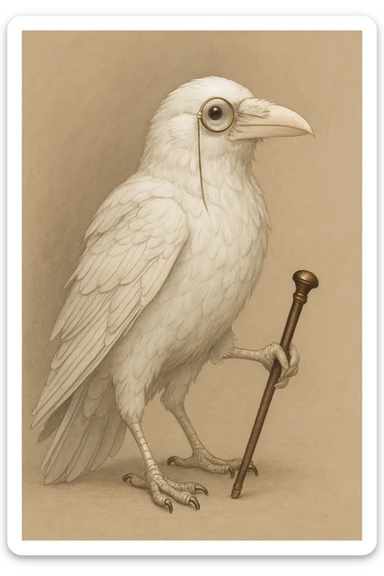 a white crow with a monocle and a cane sticker