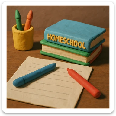 a table with paper, pens, and homeschool books, 3D claymation style sticker