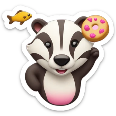 A badger with a Fish cookie with pink Swirl sticker