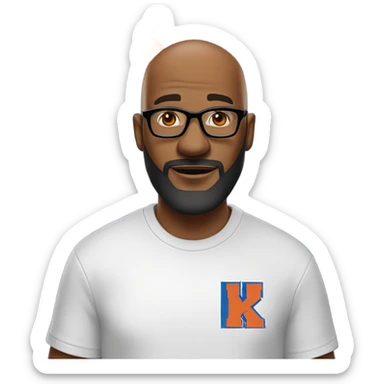 A Bald man with a beard, goatee, and glasses wearing a white New York Knicks tee shirt with flames in both hands. sticker