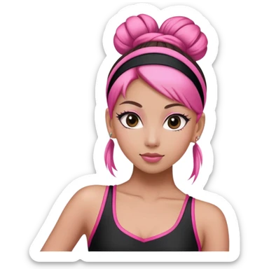 a dancer in a black and pink outfit with a sleek bun tied with a pink hairband." sticker