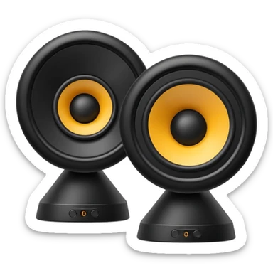 pair of speakers emoji, deep matte black metal body, circular speaker cones with subtle depth, smooth rounded edges, minimalistic futuristic 3D style, luxury aesthetic sticker